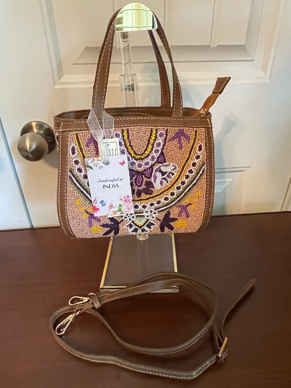 Indian Hand Crafted beaded floral mini tote with a crossbody strap